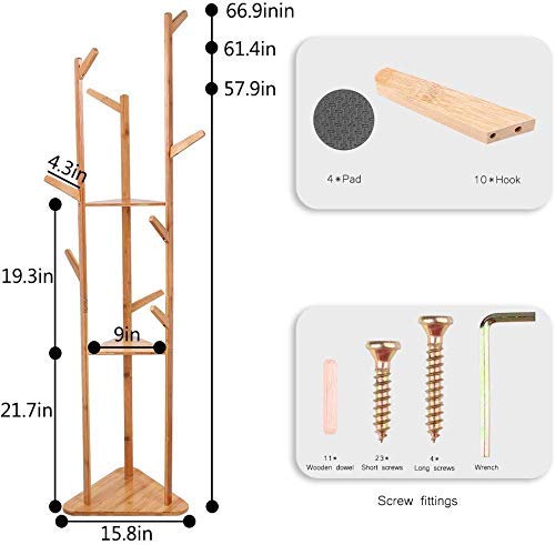 Image of LEOPAX Bamboo Freestanding Coat Rack With 3 Shelves And 7 Hooks, Coat Tree For Bedroom, Entryway, Livingroom, Coat Hanger Stand For Coats, Scarves, Handbags - Natural Color, 22.9 x 172.7 x 22.9 Cm