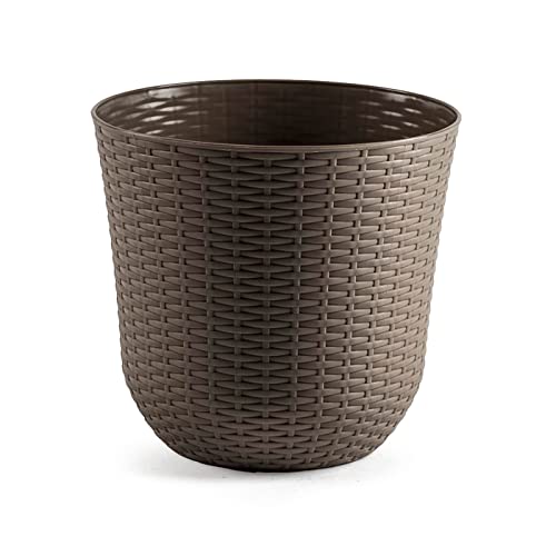 AC - Maceta Redonda - Fabricación en plástico – Diseño Rattan – Ideal como macetero, Tiesto, Recipiente para Plantas, Flores, balcón, terraza, jardín – Ø 33 cm – Color Topo