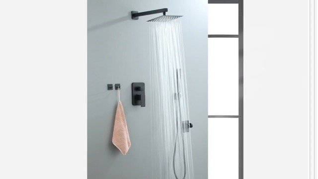 Juego de grifería para ducha de 10 pulgadas en acabado negro mate, con cabezal de ducha lluvia y rociador manual, sistema de ducha de lujo para baño con válvula y revestimiento, montaje en pared miniatura 7