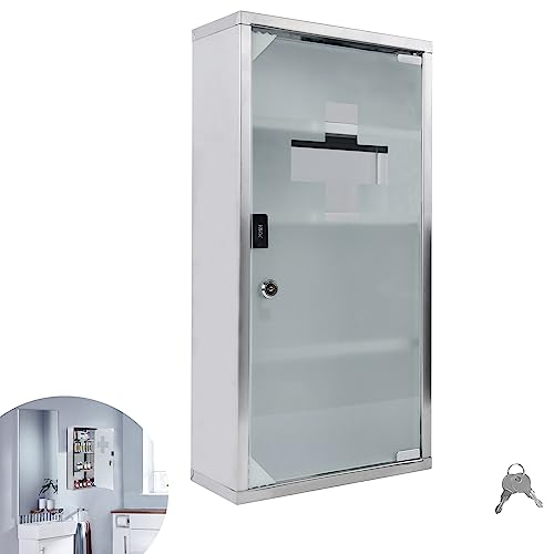 YRHome Medizinschrank aus Edelstahl 4 Fächer mit Glas Tür und Schloss abschließbar Arzneischrank Medikamentenschrank Erste Hilfe Schrank Hausapotheke Schrank 57,5 x 30 x 12 cm