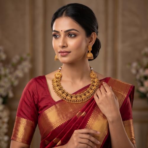 Image of Gold-Plated Antique Temple Jewellery Set for Women - Traditional Necklace with Large Peacock Pendant & Matching Jhumka Earrings | Ethnic Festive & Bridal Wear Set with Ruby & Emerald Accents