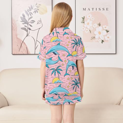 ALAZA Blue Dolphin Star Palm Tree Satin Pajamas Set Short Sleeve Button Down Sleepwear Summer Pjs 2 Piece4