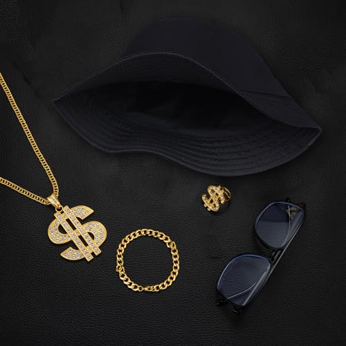 RIOSO 80s 90s Hip Hop Rapper Costume Kit for Men Fake Gold Chain Money Sign Necklace Hip Hop Rapper Accessories Outfit Jewelry - Thumbnail 4