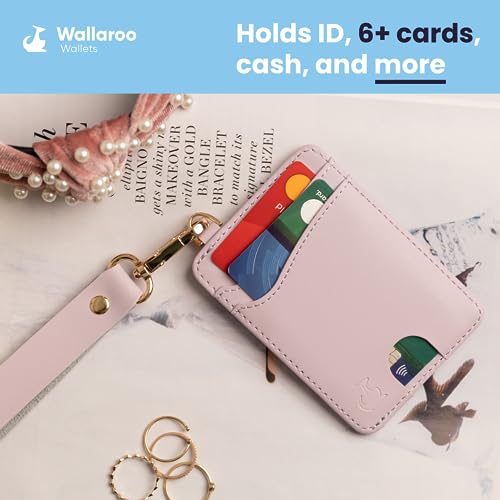 Image of Wallaroo Wallets Premium Leather Women's Wristlet Wallet Slim Card Holder for Credit Cards, ID, and Cash - Minimalist Slim Style with Non-Slip Lining and Wrist Strap Lavender Pink
