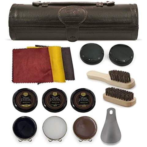 Stone & Clark 12PC Shoe Polish & Care Kit, Leather Shoe Shine Kit with Brown Wax, Shoe Brushes for Polishing, Shine Cloth & Shoe Horn, Compact Shoe Cleaning Kit with Horse Hair Brushes & PU Cover