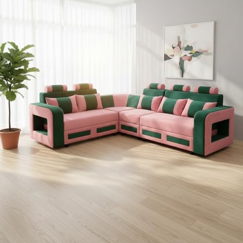 Image of APRODZ Wooden Sofa Set 6 Seater for Living Room, Solid Wood L Shape Sectional Sofa with Velvet Fabric Upholstery, Cushioned Seating for Home, Office & Lounge, Green & Pink