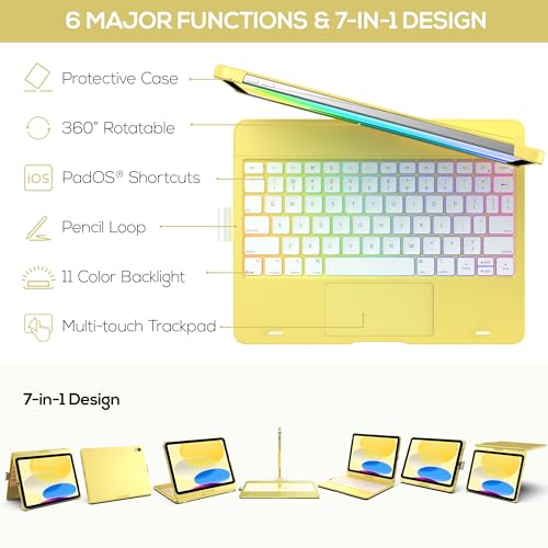 Image of typecase Touch iPad 11th 10th Generation Case with Keyboard (11 inch 2025, A16 & 10.9 inch 2022) - 360 Rotatable, 11-Color Backlit, Multi-Touch Trackpad, Pencil Holder, Thin & Light - Yellow