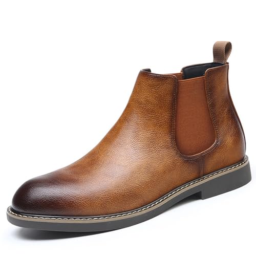 Men's Leather Hand-sewn Chelsea Boots Classic Round Toe Elastic Slip on Dress Ankle Boots Waterproof Warm Outdoor Casual Boots