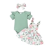 Clothes For 1 Year Old Girl Cute Summer Outfits Short Sleeve Romper Overall Floral Skirt Dress Headband, Green Floral Girls Skirt Set 12-18M