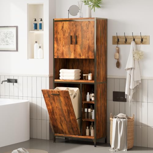 ELUCHANG Meuble Salle de Bain avec Panier à Linge, Colonne Salle de Bain, 2 en 1,Paniers Lavables 50L, Étagère Réglable, pour Salle de Bain, Buanderie, 63...
