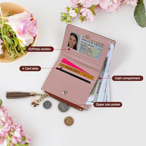 Image of KOTORA Womens Small Wallet Girls Tiny Slim Wallets Pretty Mini Card Holder Thin Short Zip Coin Purse with Love Pendant and Tassels (Brown)