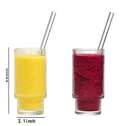Alink Ribbed Drinking Glasses With Glass Straws 6Pcs Set, Vintage Iced Coffee Cups Glassware, Origami Style Ridged Glass Tumbler For Coocktail, Whiskey, Beer, Water - 2 Cleaning Brush #TOP1