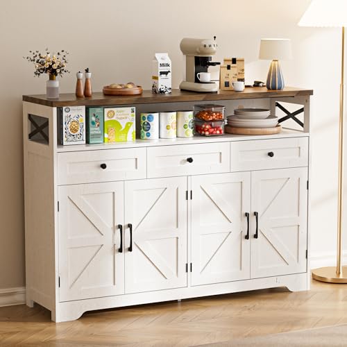 BonVache Meuble de Rangement, Buffet, avec Placard 4 Portes, 3 Tiroirs, Enfilade avec étagère Ouverte, pour Salle à Manger, Salon, Cuisine, entrée, 130 x...