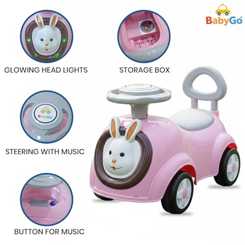 Image of BabyGo Bunny Ride-On Push Car for Toddlers with Music & Horn | Backrest & Safety Guard | Under-Seat Storage | Big Wheels | Ride-On for Kids 1-3 Years Up to 25 kg (Pink)