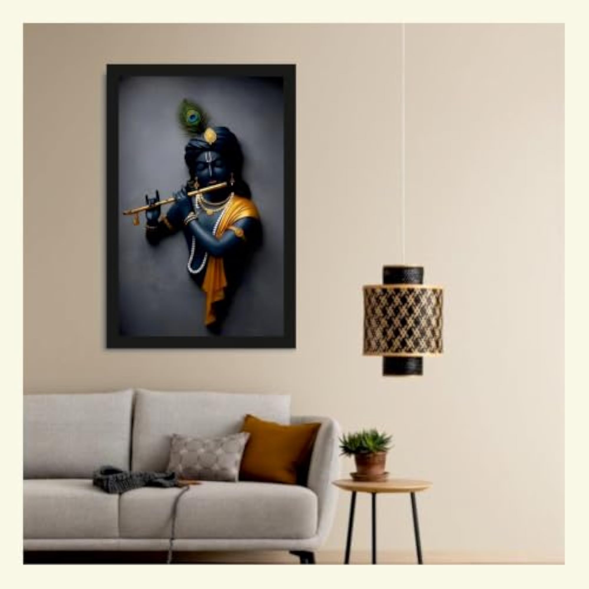 Lord Krishna Playing Flute Wall Painting, Premium Framed Art