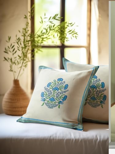 Image of Guldaan Hand Block Printed Cushion Cover Set | Cushions Cover for Home & Office | 100% Cotton Fabric | Size - 16 x 16 Inches | Pack of 2 Cushion Covers | Color - White