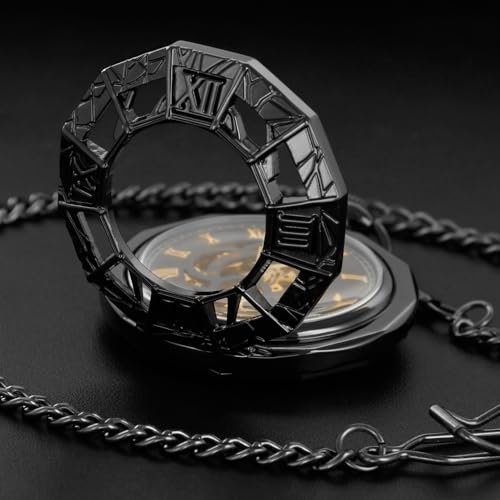Image of Men's Mechanical Hollow Design Hand Wind Pocket Watch Roman Numerals Steampunk with Chain Box