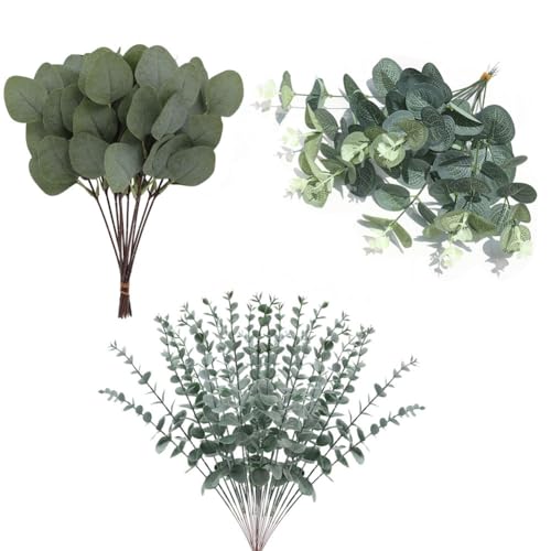 chilsoby 90 Pcs Mixed Artificial Eucalyptus Leaves Stems, Faux Eucalyptus Greenery Stems Silver Dollar Eucalyptus Leaves for Vase Wedding Bouquet Floral Arrangement Centerpiece