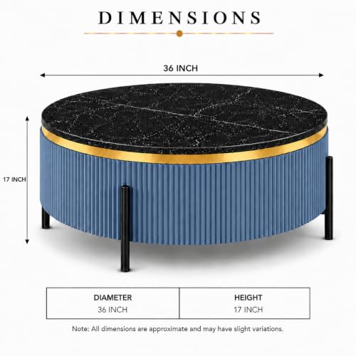 Image of WOODEN SPACE Premium Luxury Nazaara Marble-Top Coffee Table with Iron Legs & PVD Coating | Modern Round Wooden Center Table for Living Room & Entryway (Light Blue, 36 Inch)