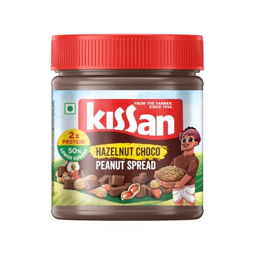Image of KISSAN Hazelnut Choco Peanut Spread, 350g, for a Tasty Breakfast, with 18% Protein & 30% Dark Chocolate Creme, 50% Less Sugar than Leading Spreads, no Added Colours or Preservatives