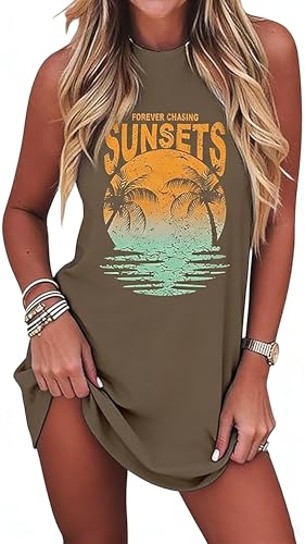 Image of Sun Salt Sand Coconut Tree Tank Mini Dress for Women Sleeveless Beach Praty Shirts Summer Vacation Short Mini Dresses