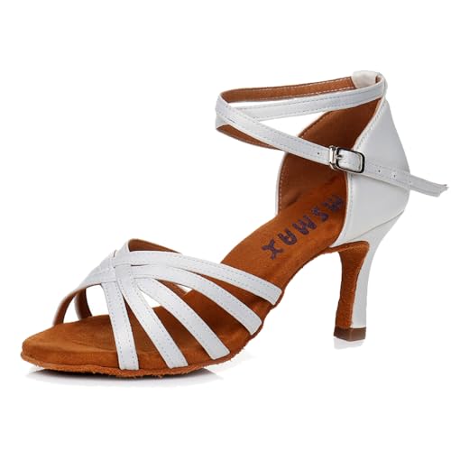 MSMAX Women Latin Dancing Shoes High Heel White Character Ballroom Dance Shoe for Women 6 M US Women