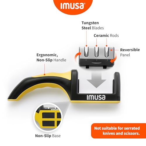 Image of IMUSA Kitchen Knife Sharpener, Manual, Coarse to Fine, Non-Slip Base | Tungsten steel blades with ceramic rods, ergonomic grip, ambidextrous, not for serrated knives or scissors