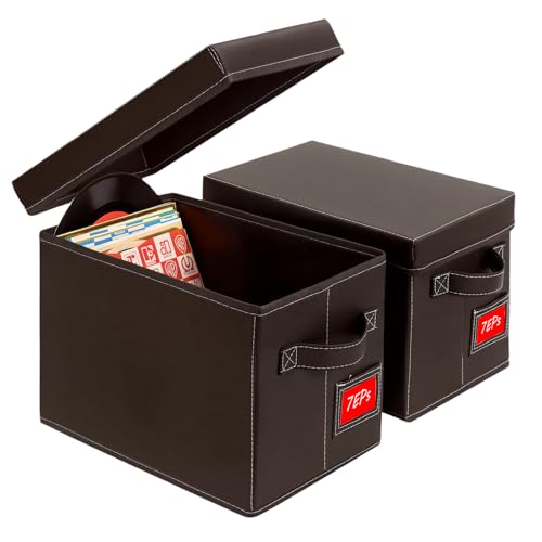 Tapetinel Brown Faux Leather 7-Inch Vinyl Record Storage Box 2 Pack Holds 60 Records Each (120 Total) Stackable LP Organizer with Lids and Handles for Singles Collection