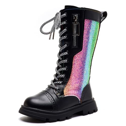 Girls Leather Lace-Up Knee-High Boots With Side Zippers Fashionable Colorful Block Heels Sparkly Riding Shoes Suitable For Kids Parties Everyday Activities