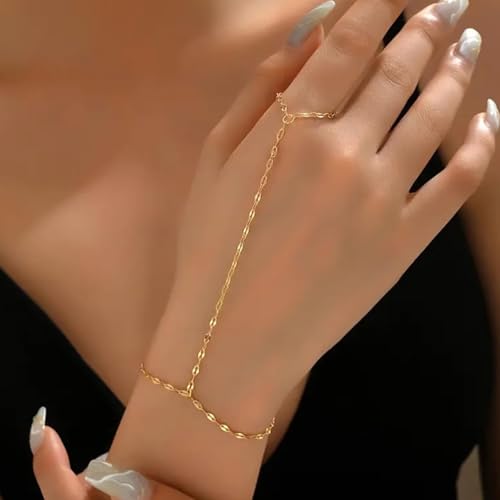Image of Hand Chain Ring Bracelet for Women Dainty Gold Finger Chain Rhinestone Bracelet Trendy Simple Body Jewelry Gifts
