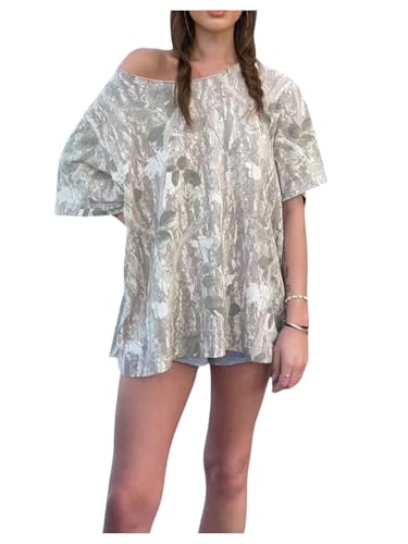 Women's Off Shoulder Oversized Tshirts Camo Half Sleeve Asymmetrical Baggy Tee Tops