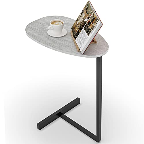 ANYHI Mesa auxiliar ovalada en forma de C para espacios pequeños, mesa auxiliar moderna con marco de metal, mesa de café para sala de estar, sofá al lado, parte superior de nogal gris Cover