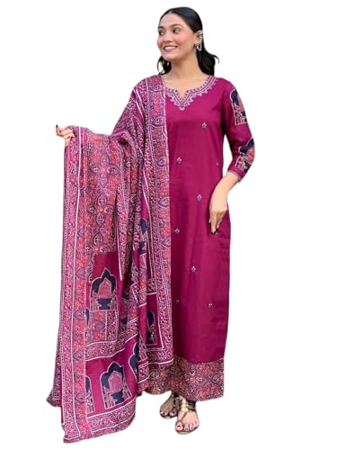 Image of ANNI Designer Women's Rayon Viscose Straight Printed Embroidery Kurta with Palazzo and Dupatta