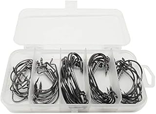 50pcs Fishing Worm Hooks High Carbon Steel Wide Gap Offset Saltwater Freshwater Extra Strong Circle Jig Worm Fishing Hooks for Bass Trout with Box Packed #1/0-5/0