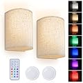 PESUTEN Wall Sconce Lighting Decor, Battery Rechargeable Wall Sconce Set of 2 with Fabric Shade Remote Control, 16 RGB Colors Changeable Dimmable Wall Lamp Fixtures for Bedroom Living Room Hallway