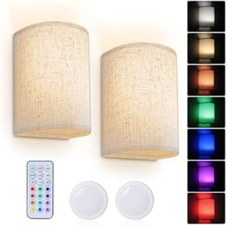 PESUTEN Wall Sconce Lighting Decor, Battery Rechargeable Wall Sconce Set of 2 with Fabric Shade Remote Control, 16 RGB Colors Changeable Dimmable Wall Lamp Fixtures for Bedroom Living Room Hallway