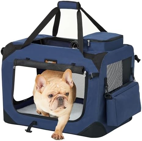 Feandrea Hundebox faltbar, Oxford-Gewebe, Metallrahmen, 60 x 42 x 42 cm | Transportbox Hund 60 cm, Hundetasche, Netzstoff, atmungsaktiv, tragbar, mit Griffen, Taschen, Blau, BAX Ko