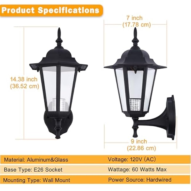 Outdoor Wall Lantern, Wall Sconce as Porch Lighting Fixture, E26 Base 60W Max, Aluminum Housing Plus Glass, Wet Location Rated, Bulbs not Included, Matte Black, 2 Pack