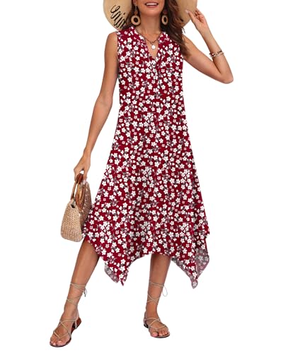 Image of AUSELILY Womens Summer Midi Dress V Neck Sleeveless Casual with Pockets | Flowy womens summer dress with asymmetrical hem, great for beach, vacation and daily wear
