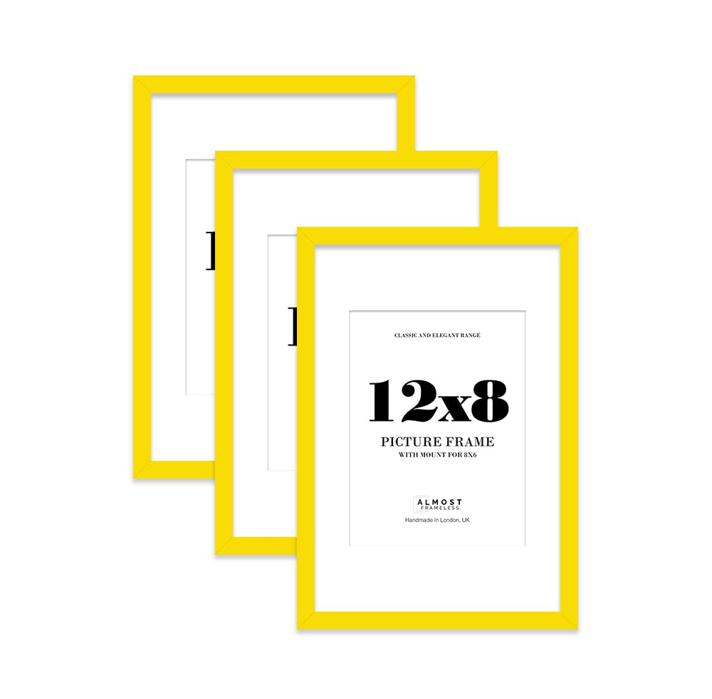 Yellow Picture Frame 12x8 With 8x6 Mount for Photos - Wall & Table Display, Landscape or Portrait, 3 Pack