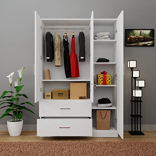Image of VIKI Wardrobe | Wooden Almirah for Clothes,Door for Bedroom, 3 Door Wardrobe with Drawer & Hanging Space (Frosty White - 40D x 120W x 180H) | 1 Year Warranty | Free Assembly