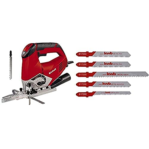 Einhell Stichsäge TE-JS 100 (750 W, max. 100 mm, 45° Schrägschnitt, Hubzahlregelung, 4-Stufen Pendelhub, Absaugadapter, Parallelanschlag, LED-Licht, Koffer, inkl. 5-tlg. T-Schaft Metall-Sägeblatt-Set)