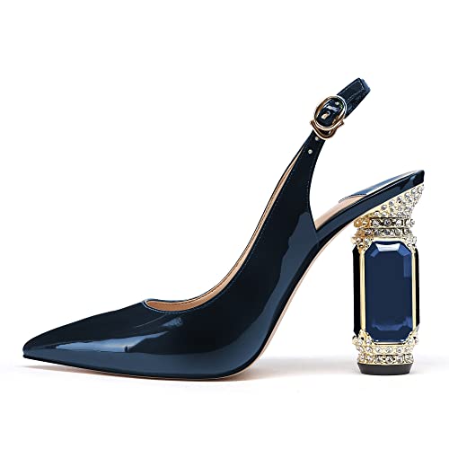 Image of JANSEVEN Women Chunky Heels Pumps Crystal Block Heels with Rhinestones Pointed Toe Sexy Gradient Patent Leather Slip on Bridal Party Wedding Dress Shoes 5-13 M US