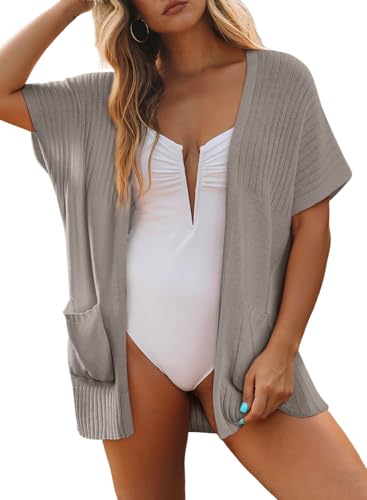 Image of SHEWIN Womens Short Sleeve Summer Cardigan Sweaters Lightweight Open Front Pleated Cover Ups Beach Vacation Clothes for Women