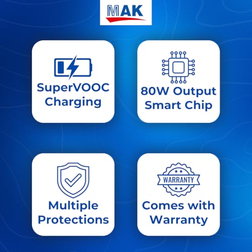 Image of MAK Original 80W SuperVOOC Fast Charging Adapter with USB to Type C Cable,Red, Upto 80W Power Delivery Wall Charger Compatible with OnePlus 11, Nord CE3, Fast Charge for USB-C Smartphones.
