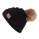 Invierno Gorros Pompom, Unisexo Beanie Sombrero de Tejer Lana para Hombre Mujeres (Negro)