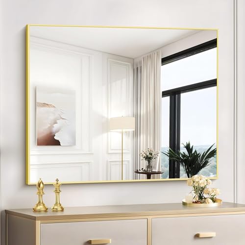 Image of COFENY Gold Bathroom Mirror for Wall, 30x36 Inch Rectangle with Metal Frame, Modern Vanity for Bathroom Living Room, Entryway Hangs Horizontal or Vertical