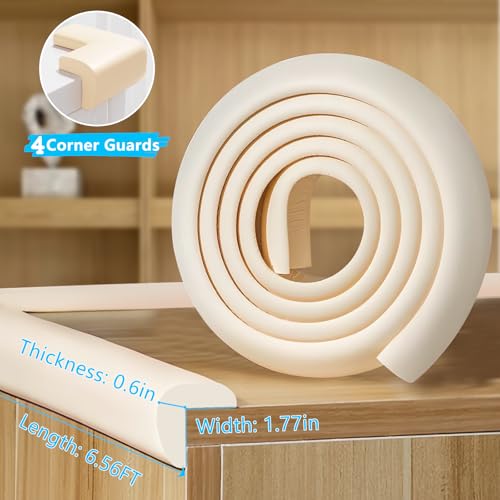 Image of ZOMPAGO Baby Edge Protector 1 Roll (6.56FT) & 4 Corner Guards - White Foam Furniture Corner Protectors - Baby Proof Corners and Edges for Table, Wall, Bed Frame - Baby Proofing Safety Bumpers