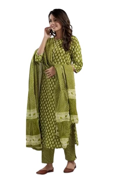 Women's Cotton Printed Straight Kurti Pant with Dupatta Set