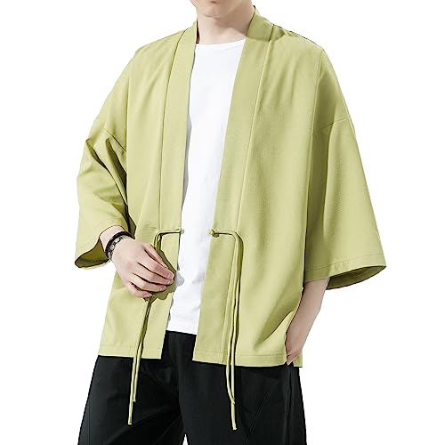 Image of Mens Kimono Cardigan Cotton Linen Japanese Shirt 3 /4 Sleeve Haori Yukata | Skin-Friendly Solid Color Lightweight Shawl Collar Kimono Robe Embroidery Button Tie Pockets Happi Coat All Season Daily Wear